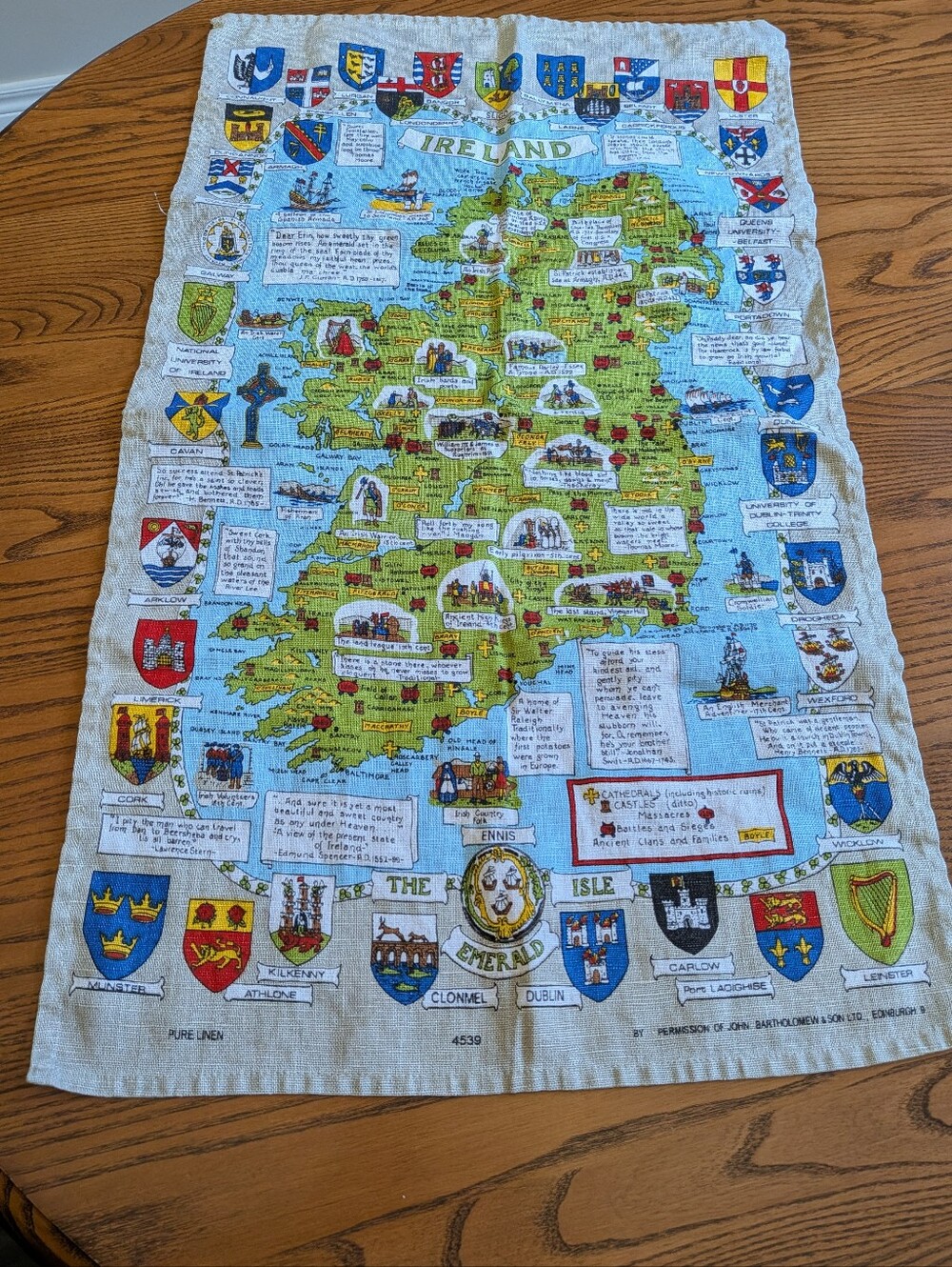Ulster Weavers. Vintage Ireland Map Linen Tea Towel - Green & Blue. Cost Of Arms